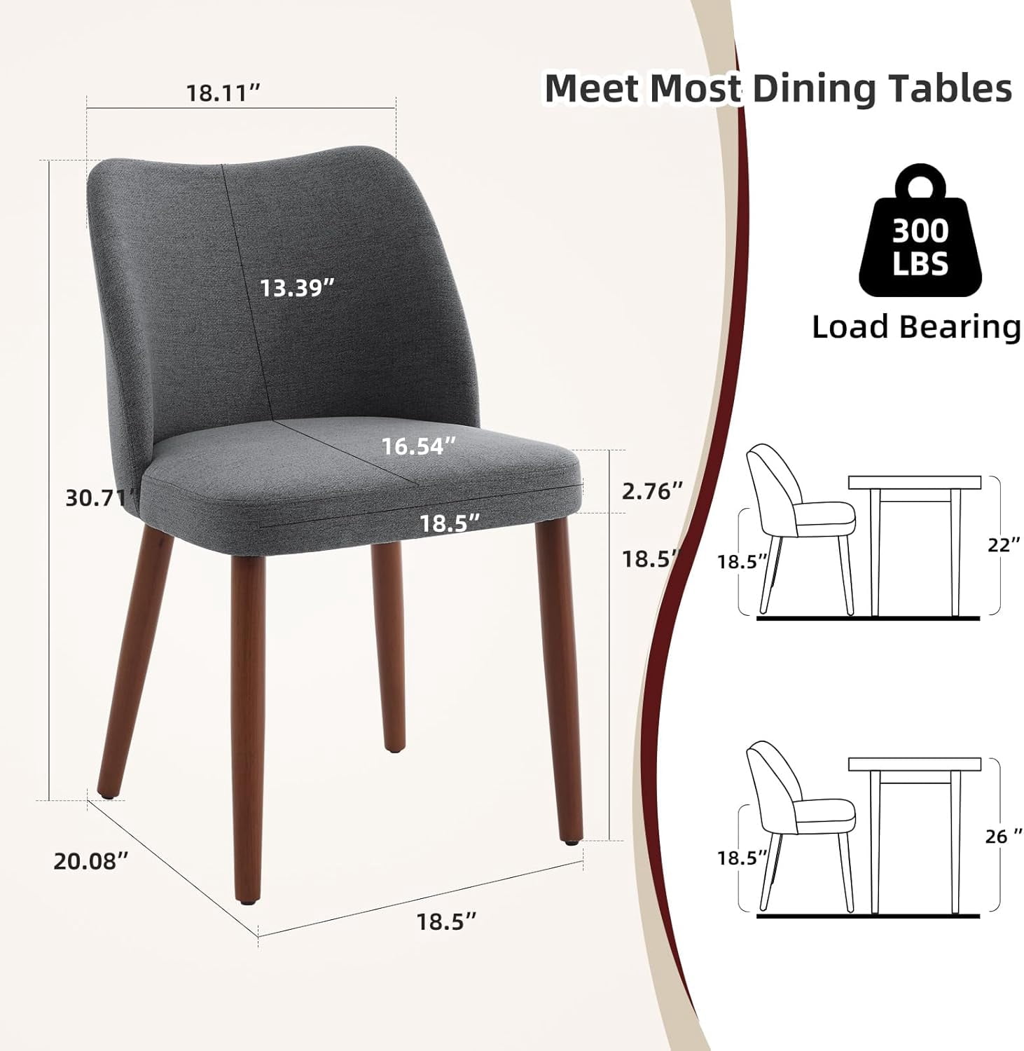 Linen Dining Chairs Set of 4 Upholstered Fabric Dining Chair with Wood Legs, Wing Backrest, Wooden Kitchen Chairs with Thick Cushions, Leveling Feet for Dining Room, Living Room, Dark Grey