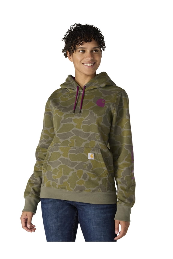 Women's Relaxed Fit Midweight Logo Sleeve Graphic Printed Hoodie, Dusty Olive Vintage Camo, Medium, 107267
