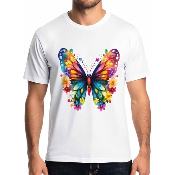 Camisetas de manga corta con mariposas coloridas para hombre, cuello redondo, flores y acuarela, color negro-S