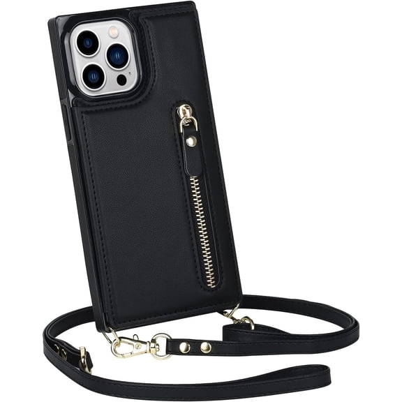 Zipper Wallet Purse for iPhone 13 Pro Max Crossbody Case with Credit Card Holder Strap Lanyard 6.7'' Kickstand Flip Leather RFID Protection Women (Black,13 Pro Max)