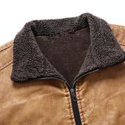 IROINNID Men's Long Sleeve V-Neck Faux Leather Turndown Lapel Short Jacket Solid Color Leisure Plus Velvet Padded Side Seam Pocket Jacket Leather Jacket