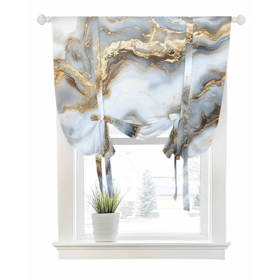 Modern White Gold Tie Up Curtains for Window, Thermal Insulted Balloon Shade Adjustable Rod Pocket Curtains Valance Panels for Kitchen Bathroom Cafe 42 x 63 Abstract Geometric Marble Printed