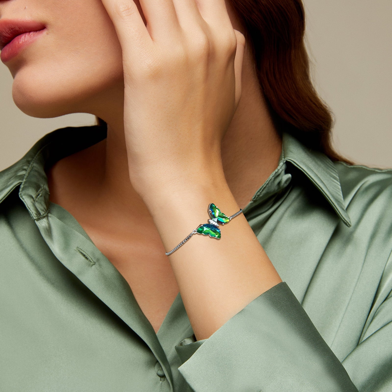 925 Sterling Silver Green Butterfly Bracelet Emerald May Birthstone Bracelets Jewelry Crystal Women Birthday Mother's Day Gifts Juwaliy