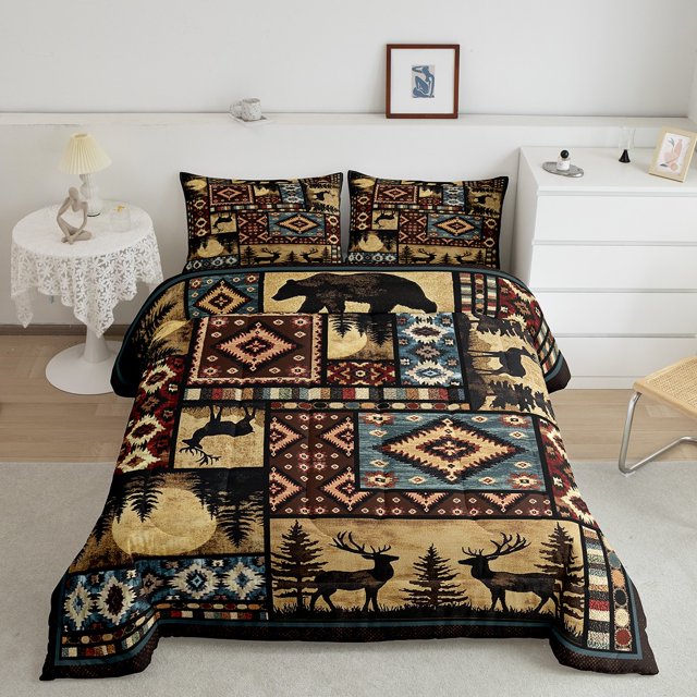 Erosebridal Literie Rustique Aztèque Ensemble de Couette Simple, Couette Animal Cerf, Décor Géométrique Tribal, Réversible