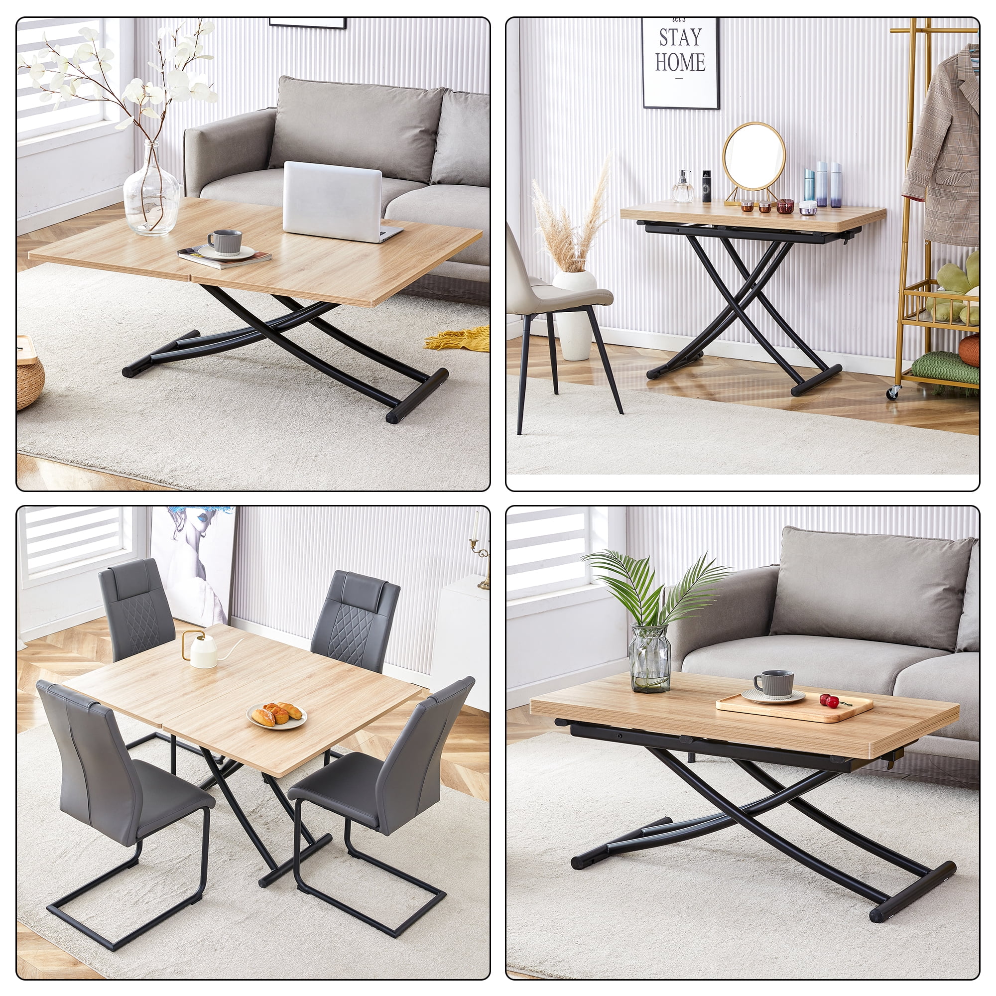 Multifunctional Lift Table With 0.8-Inch Mfc Tabletop And Black Metal Legs, Used as Dressing Table, Coffee Table, Dining Table, And Office Desk