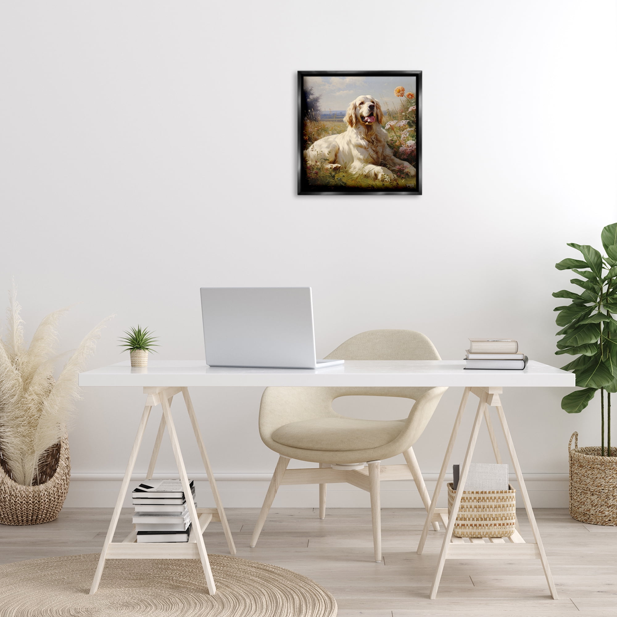 Stupell Industries Calm Golden Retriever Landscape Animals & Insects Painting Black Floater Framed Canvas Art Print Wall Art, 18 x 18