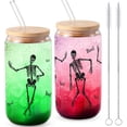 thumbnail image 1 of Juego de 2 vasos de vidrio con diseño de esqueleto para Halloween de 470 ml con tapas y pajillas, 1 of 7