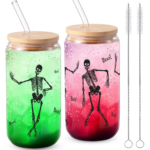Juego de 2 vasos de vidrio con diseño de esqueleto para Halloween de 470 ml con tapas y pajillas