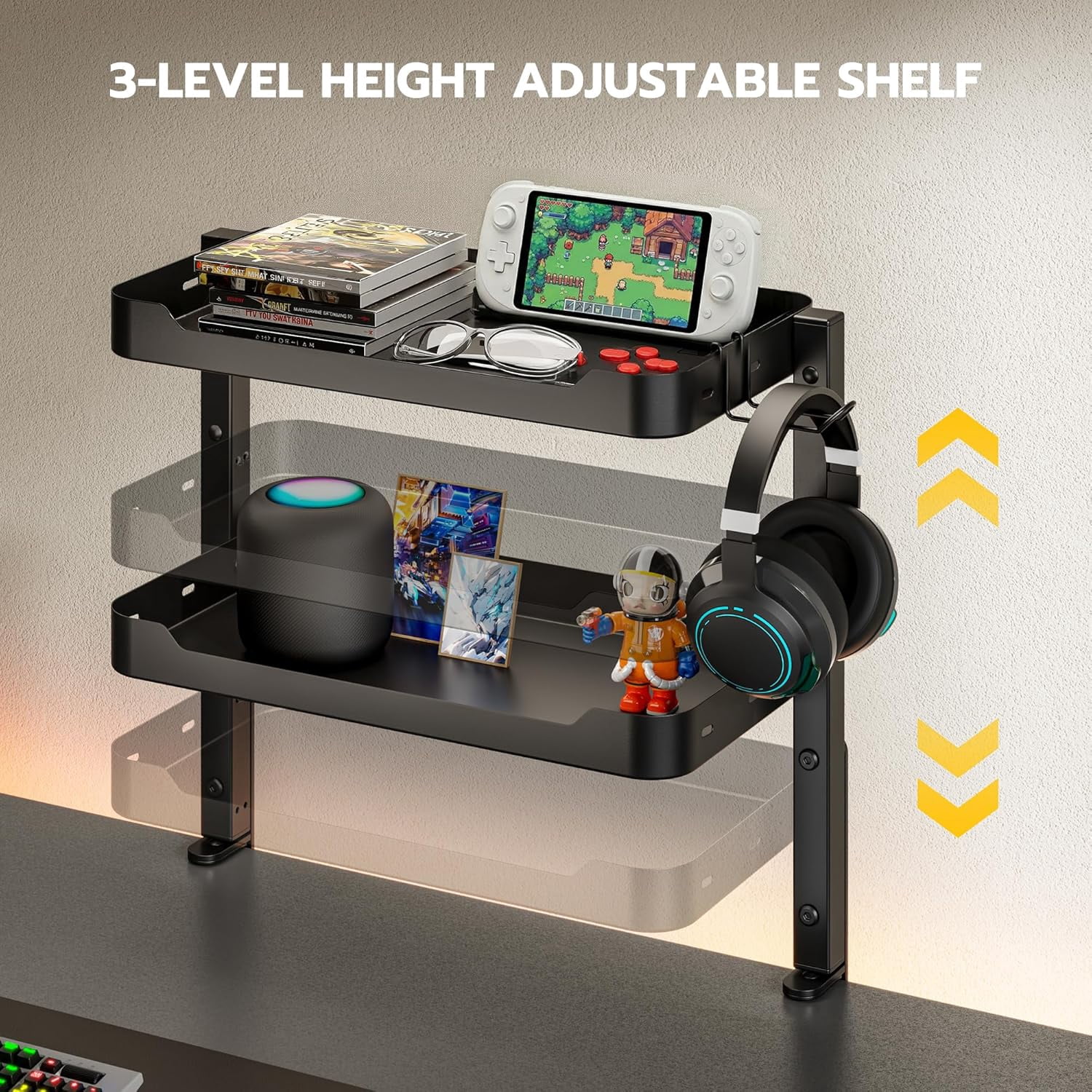 2-Tier Clamp On Desk Shelf, 16 inch Adjustable Above or Under Desk Storage Shelves Holds 66 lbs, Heavy Duty Desktop Organizer with Headphone Holder for Working and Gaming Accessories, Black
