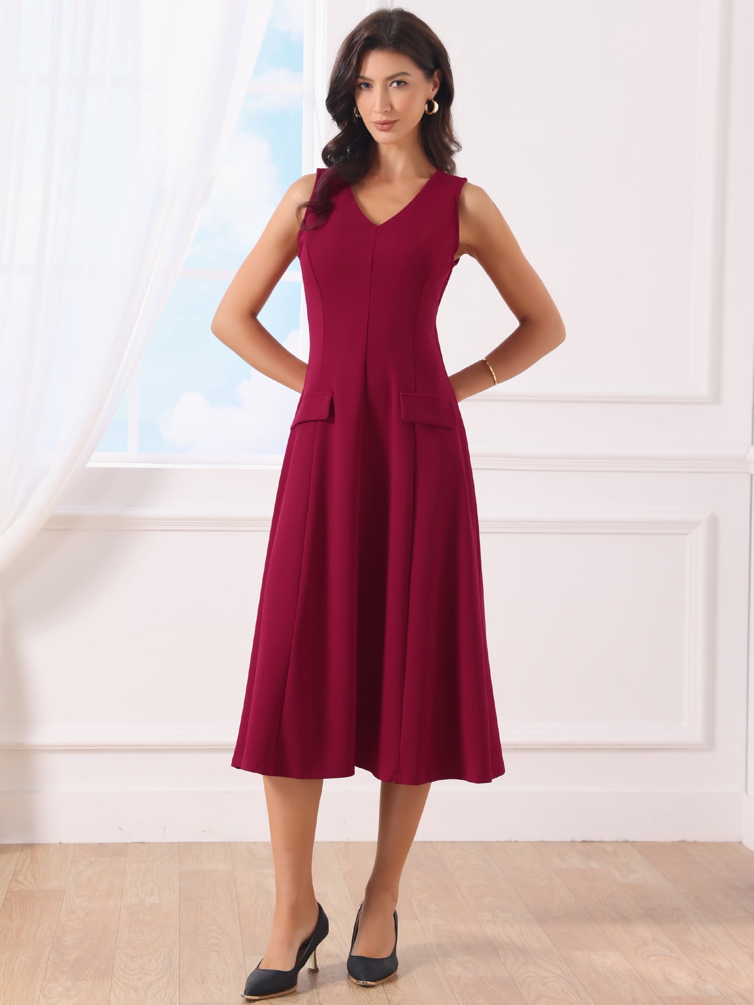 DARING DIVA Women's 2026 V Neck Office Work Sleeveless Midi A Line Dresses M Deep Red