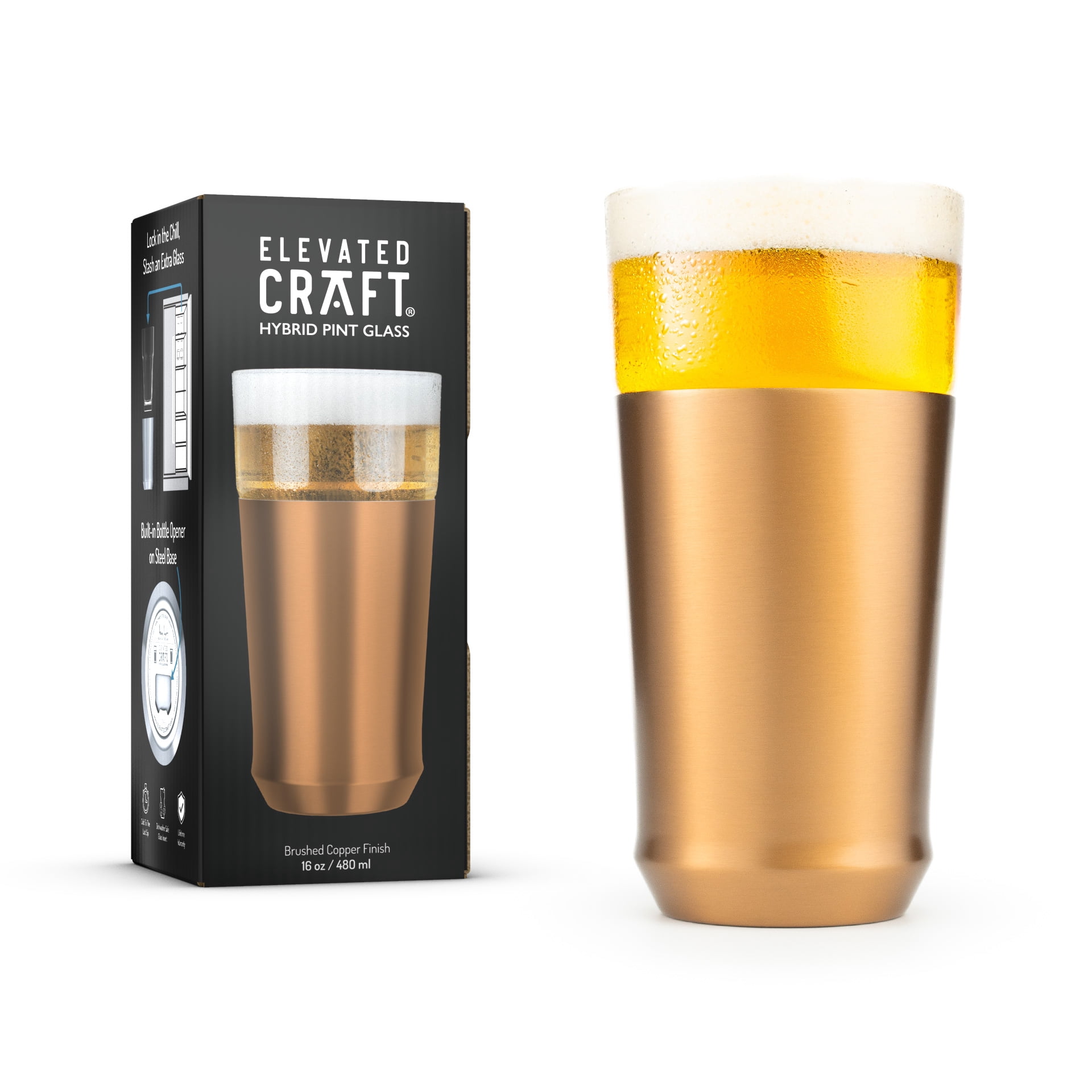 Elevated Craft Hybrid Vacuum Insulated Stainless Steel Base with Removable Pint Glass Insert, Ideal Insulation for Beers & Cold Beverages with Built-in Bottle Opener, Brushed Copper (16 oz)