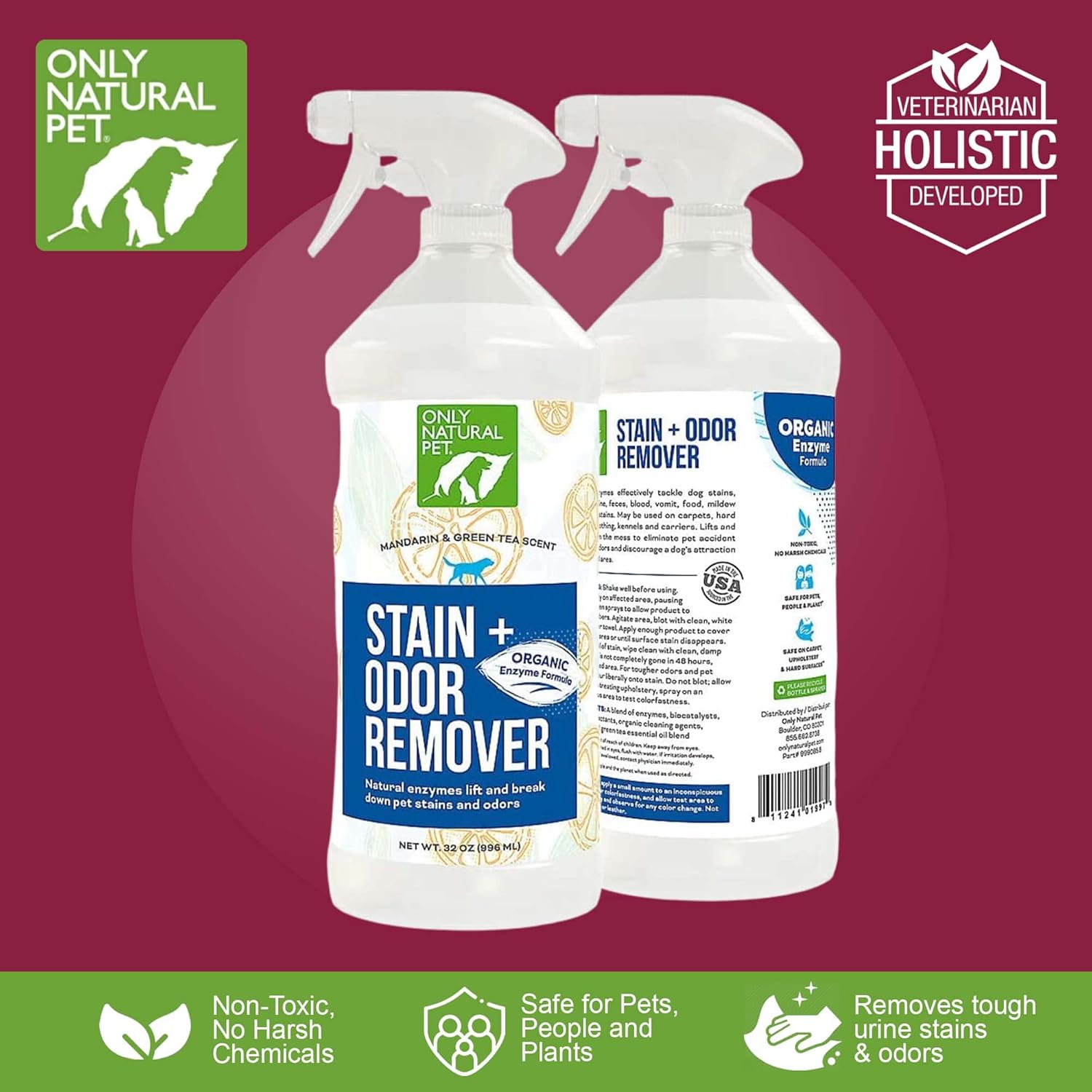 Enzyme Powered Stain & Odor Eliminator - Professional Pet Urine Pee Cleaner Deodorizer For Dogs - Hardwood Floors Carpets Upholstery - Fresh Mandarin Orange & Green Tea Scent - 32Floz