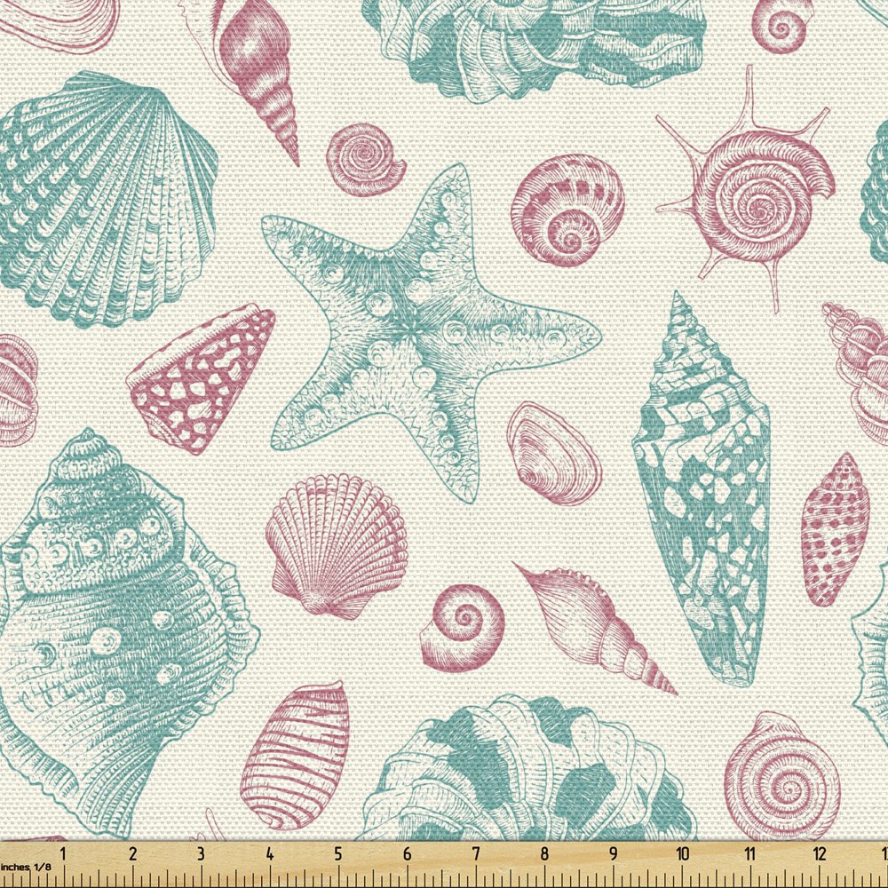 Shells Fabric by the Yard Upholstery, Modern Watercolor Illustration of