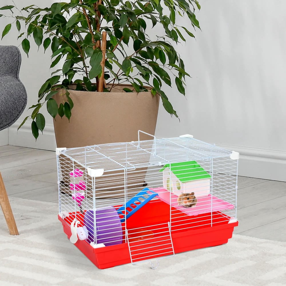 GVN Hamster Cage, Small Hamster Habitat,18.5" Hamster Cage with Exercise Wheel and Water Bottle, Dish, Rat House and Habitat 2-Story Design, Red