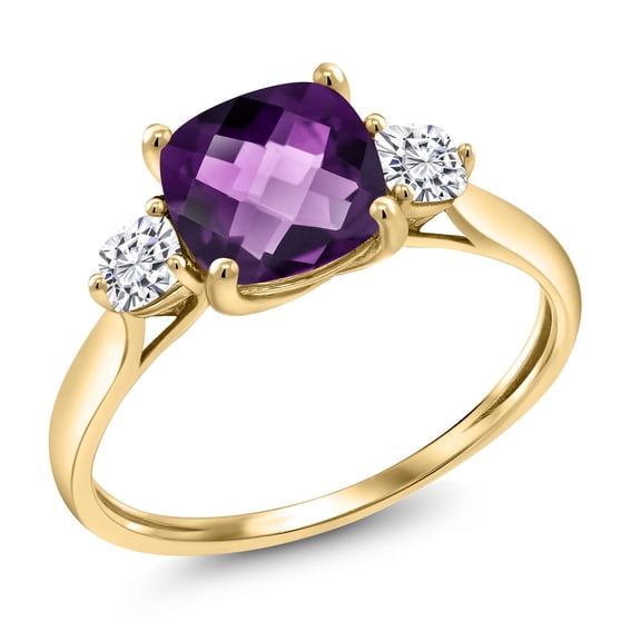 Gem Stone King 10K Yellow Gold Purple Amethyst and White Moissanite Engagement Ring for Women | 1.66 Cttw | Cushion Checkerboard 7MM | Gemstone February Birthstone | Size 5