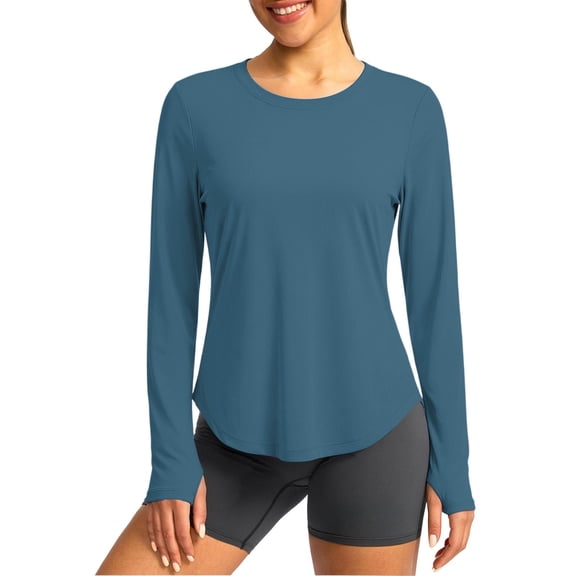Oiangi Rash Guard for Women UPF 50 Protection Long Sleeve Shirts Crew Neck Curved Hem Workout Tops with Thumb Holes Blue 2XL