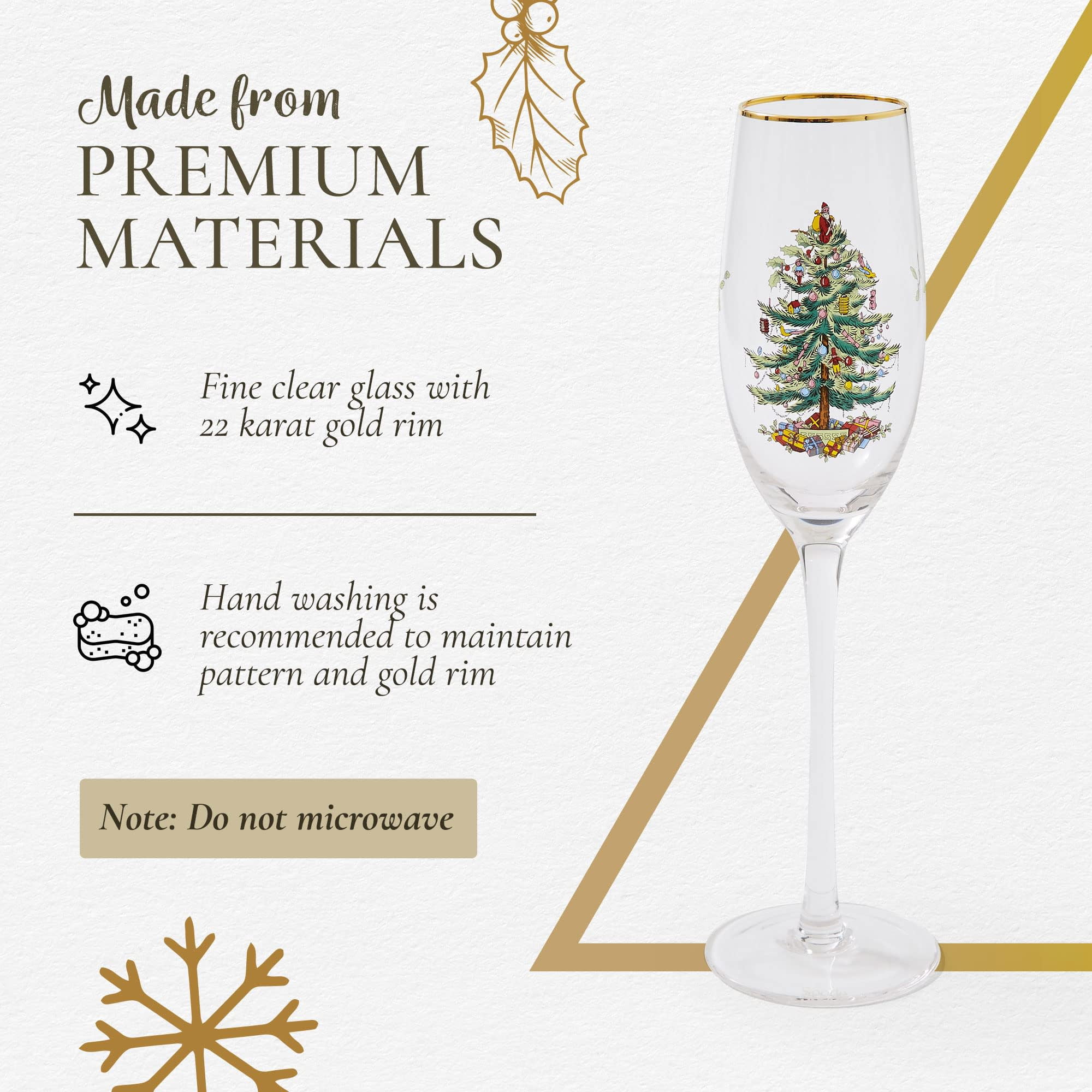 Spode Christmas Tree Gold 8.5oz Champagne Flutes (Set of 4) - Gold Rimmed Glasses, Festive Holiday Drinkware for Christmas Dinner, Wedding Gifts - Classic Holiday Glassware for Wine & Minosas