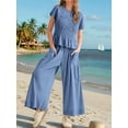 thumbnail image 4 of Womens 2 Piece Smocked Top Wide-Leg Pants Set High-Waisted Lounge Outfit with Pockets Matching Set Blue M, 4 of 10