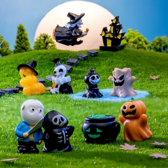 11PCS/Pack Mini Halloween Miniatures Figurines for Fairy Garden Accessories Little Ghost Figurine Decor for Halloween Decorations Tiny Resin Figures Pumpkin for Micro Landscape Black