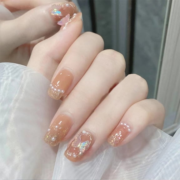 Pearl Butterfly Orange Fake Nails with Mild Color and Catching Look Design for DIY Nail Art Decorations Salon  Jelly Glue Model
