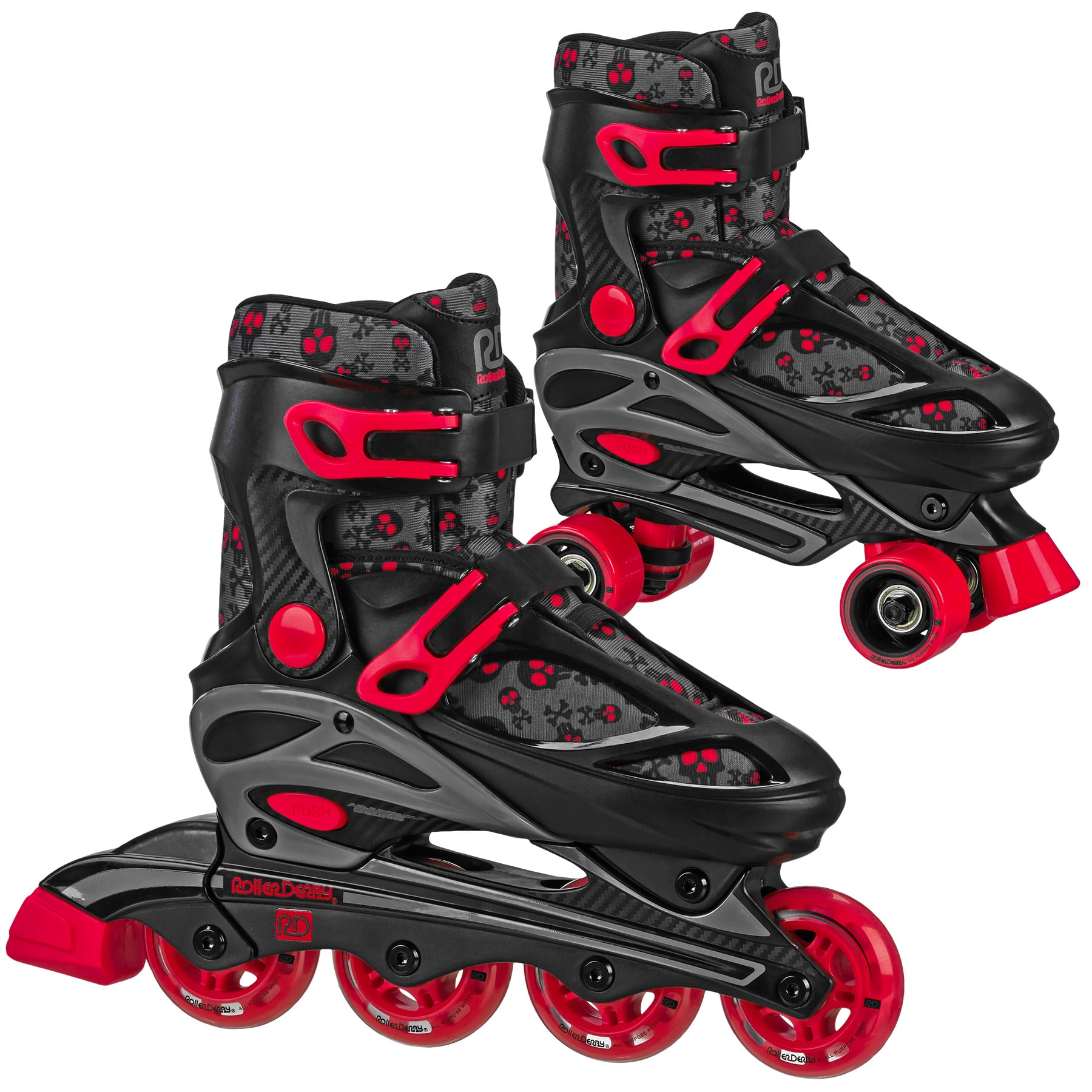 The Magic Toy Shop Kids Adjustable 4 Wheel Red Quad Roller Skates Boots Childrens Rollers Large UK Shoe Size 5-7