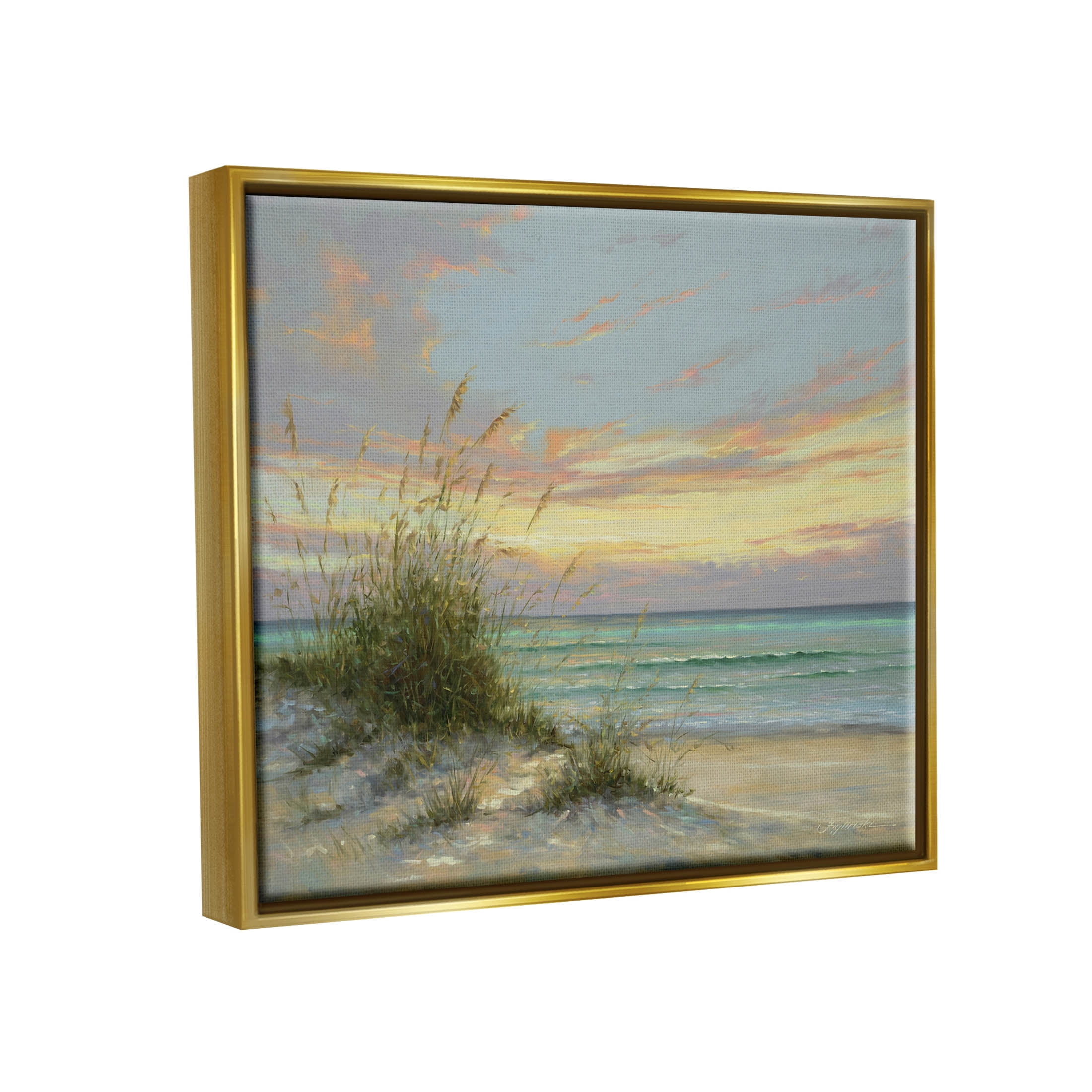 Beach Grass Vivid Sunset Coastal Painting Metallic Gold Framed Art Print Wall Art