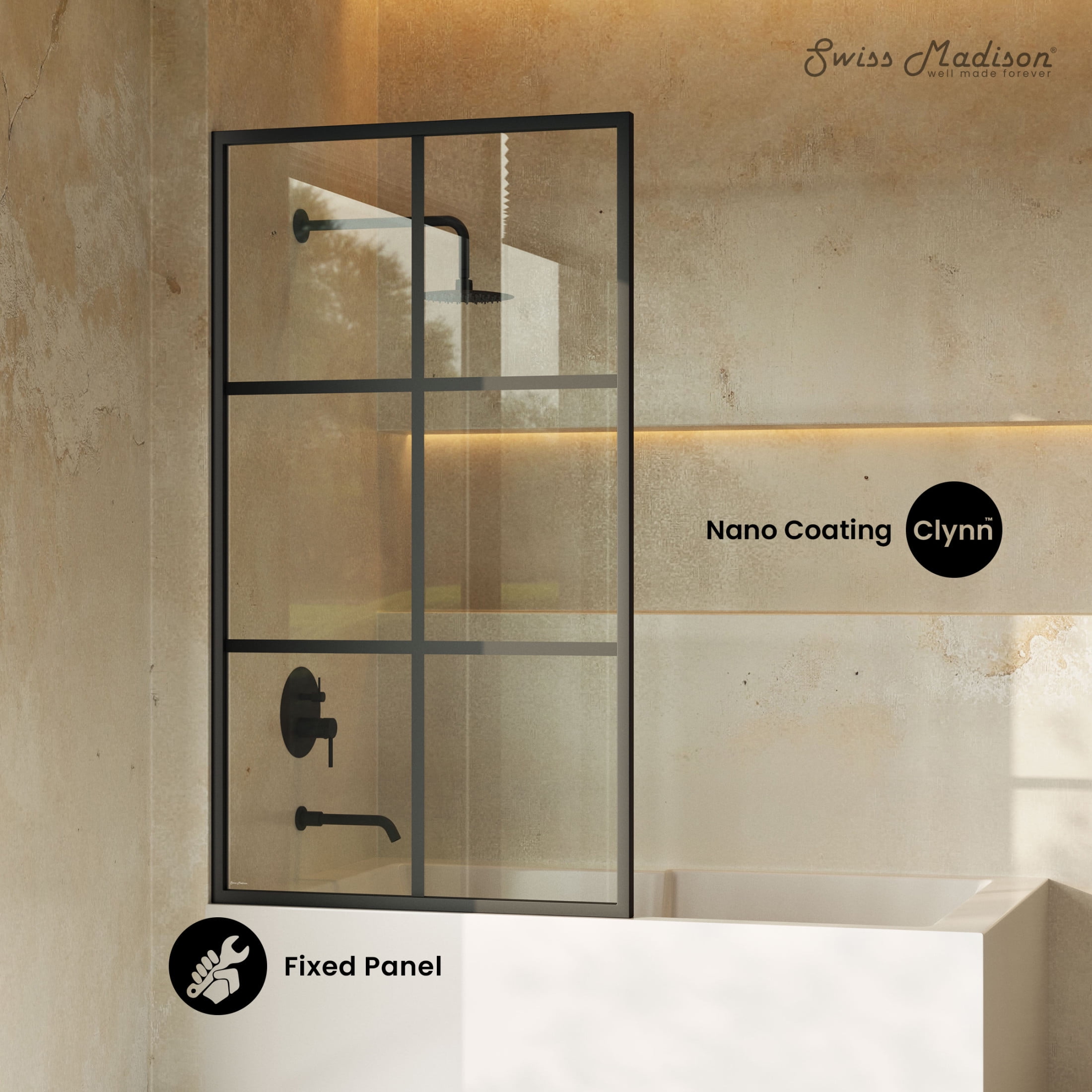 Virage 34 x 58 Framed Fixed 3/8 in. (10mm) Clear Tempered Glass Tub Door with Black Matte Frame