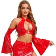 thumbnail image 2 of Yeahdor Womens Glossy Pu Crop Top Halter Off Shoulder Flared Sleeve For Clubbing Raves Red 3XL, 2 of 6