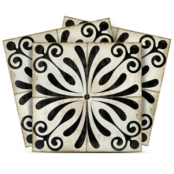 Mi Alma Flower Black Ivory Tile Stickers - Removable Vinyl 4x4, 24 pcs