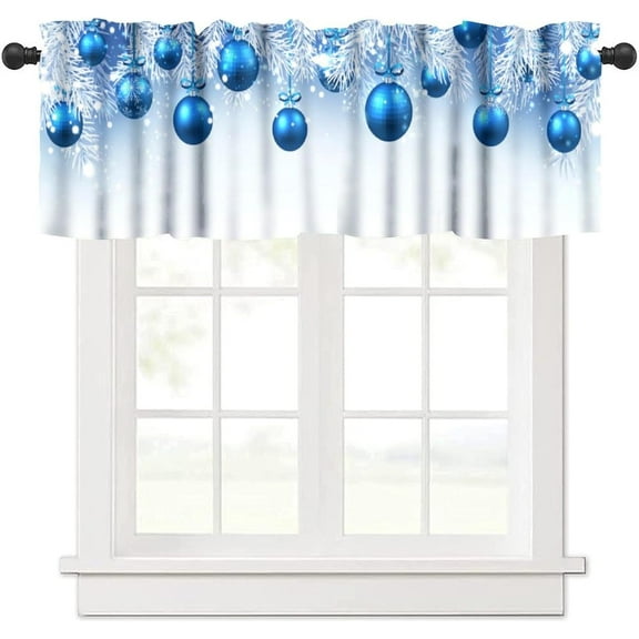 Christmas Valance Winter Snowflakes Snow Pine Needles Xmas Balls Blue White Aesthetic Art Printed Rod Pocket Curtain Valance for Kitchen Bedroom Living Room Decor 1 Panel W54xL18 Inch