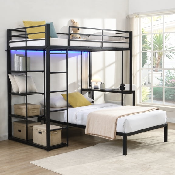 Luckynote Metal Loft Bed Frame with LED Light Strip, Side Storage Shelves & Built-in Desk, TWIN/TWIN Size Metal Bunk Bed , Dorm, Apartment, Guest Room