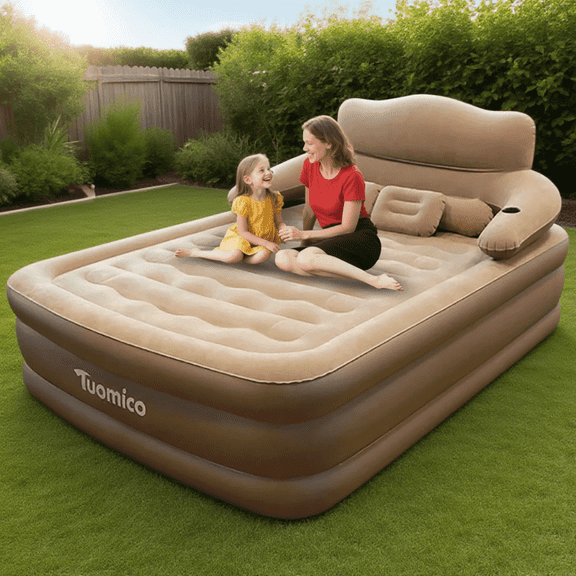 SHIBAILI Brown Queen Size Air Mattress with Headboard | Dual Pump,Camping & Home Inflatable Bed
