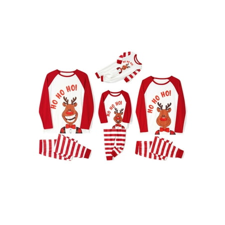 

wybzd Christmas Family Matching Pajamas Sets Xmas Smiley Reindeer Print Tops Striped Pants Loungewear