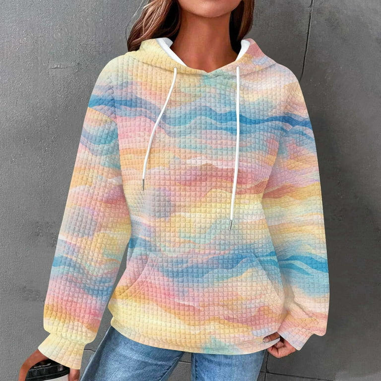 Uootdi Women's Tie Dye Hoodie Waffle Knit Top Casual Pullover - Main Image