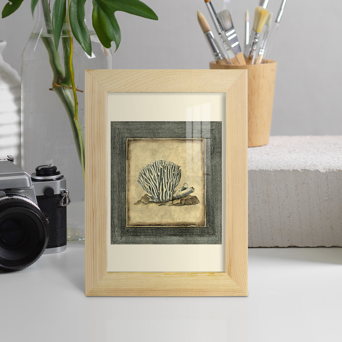 Mini Exotic Coral IX (U) - Framed Print w/glass - Natural Wood