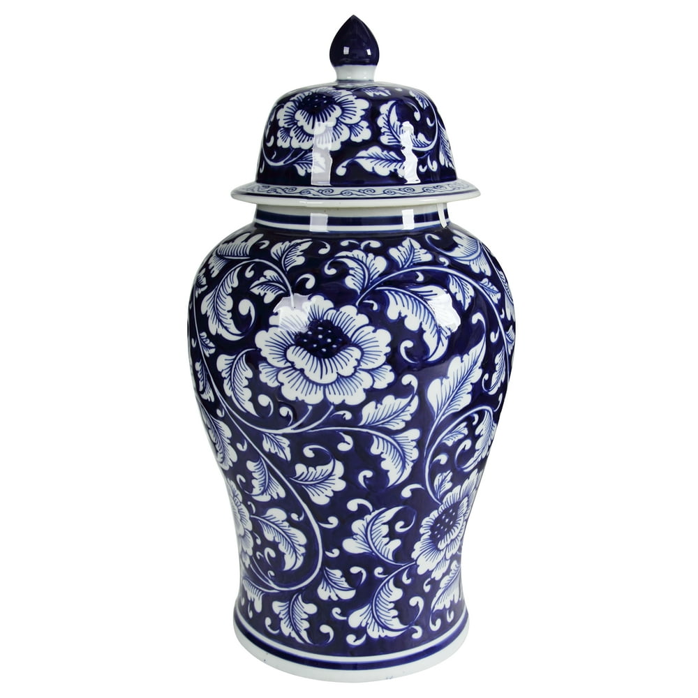 A&B Home Blue and White Porcelain Ginger Jar with Lid, 9.5 by 18Inch
