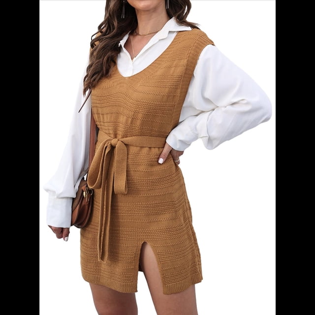 de Vestido Tipo Chaleco para Mujer, Suéter de Punto, Suéter con Cuello en V y Cintura Anudada Marrón L