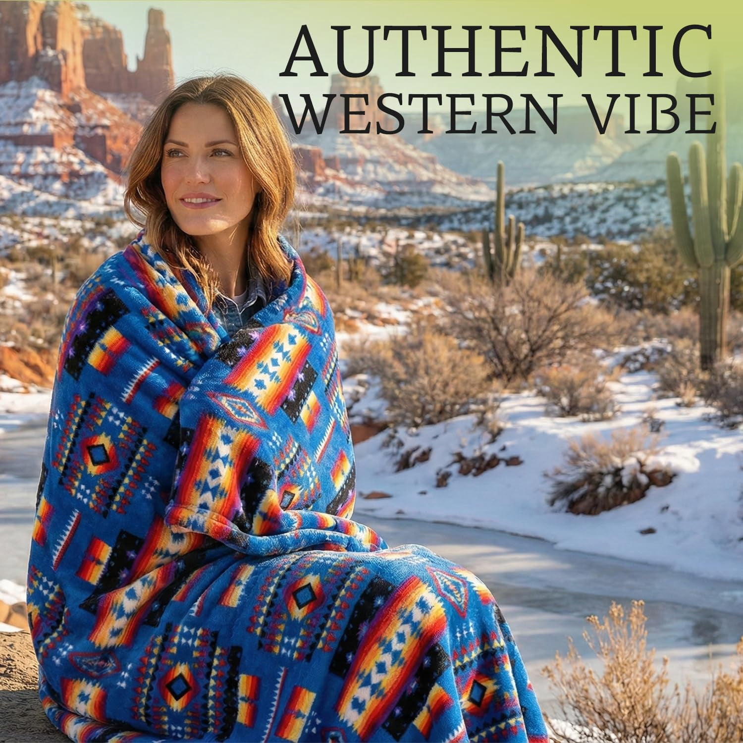 Sacred Thread Fleece Blanket South Western, Reversible Mexican, Vibrant Aztec Blankets and Throws for Aztec Decor for Home (Blue Flannel / Sherpa) (Queen (79''x95'')
