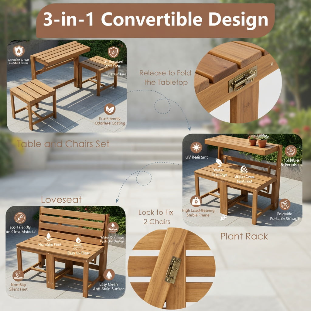 Hommoo 3-in-1 Outdoor Acacia Wood Loveseat Bench, Convertible Table & Chairs Set or Plant Stand, Wooden Garden Seating for Patio, Deck, Backyard, Natural