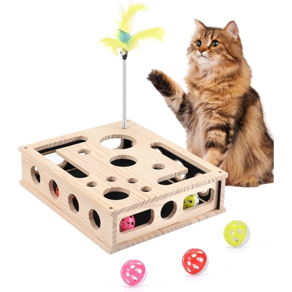 Cat Toys for Indoor Cats, Interactive Cat Puzzle Toy Box with Nail File Scratcher, Wooden Treat Puzzle Feeder Hunting Play Toy, Cat Enrichment Toy with 3 Jingle Balls & Feather Wand