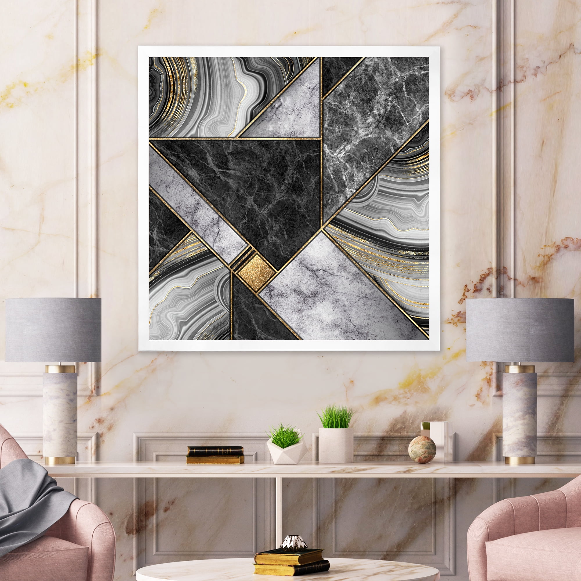 Designart 'Touches Of Gold With Marble Granite Agate' Modern Framed Art Print