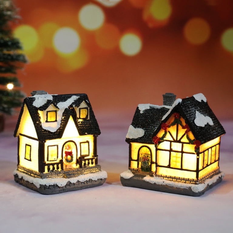 Residencia Christmas Village Set - 4 LED Light-Up Resin House Decorations With Fake Snow