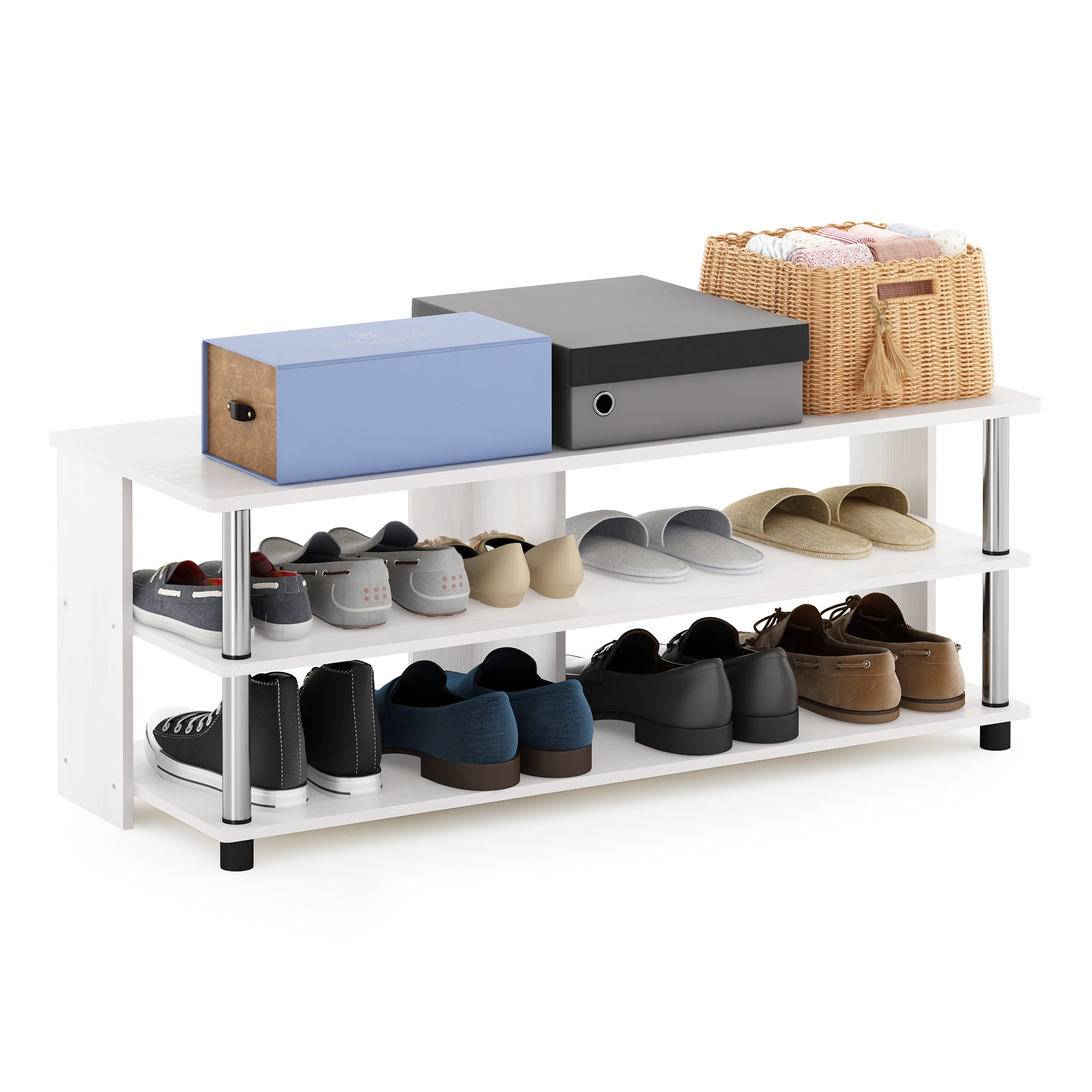 Furinno Turn-N-Tube 3-Tier Compact Open Storage Shoe Rack for Closet Entryway, Stainless Steel Tubes