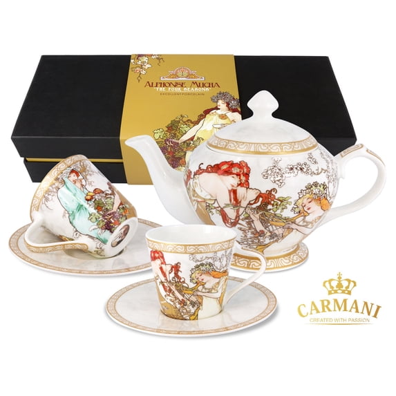 Carmani CR-539-5000 22 Oz Tea Kettle and 2 8 Oz Cups Decorated with A. Mucha's "Four Seasons" Painting