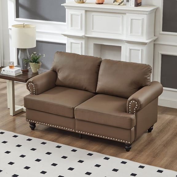 59.5" Living Room Loveseat with Classic Nails Design and Imitation Cowhide Leather Upholstery, Brown
