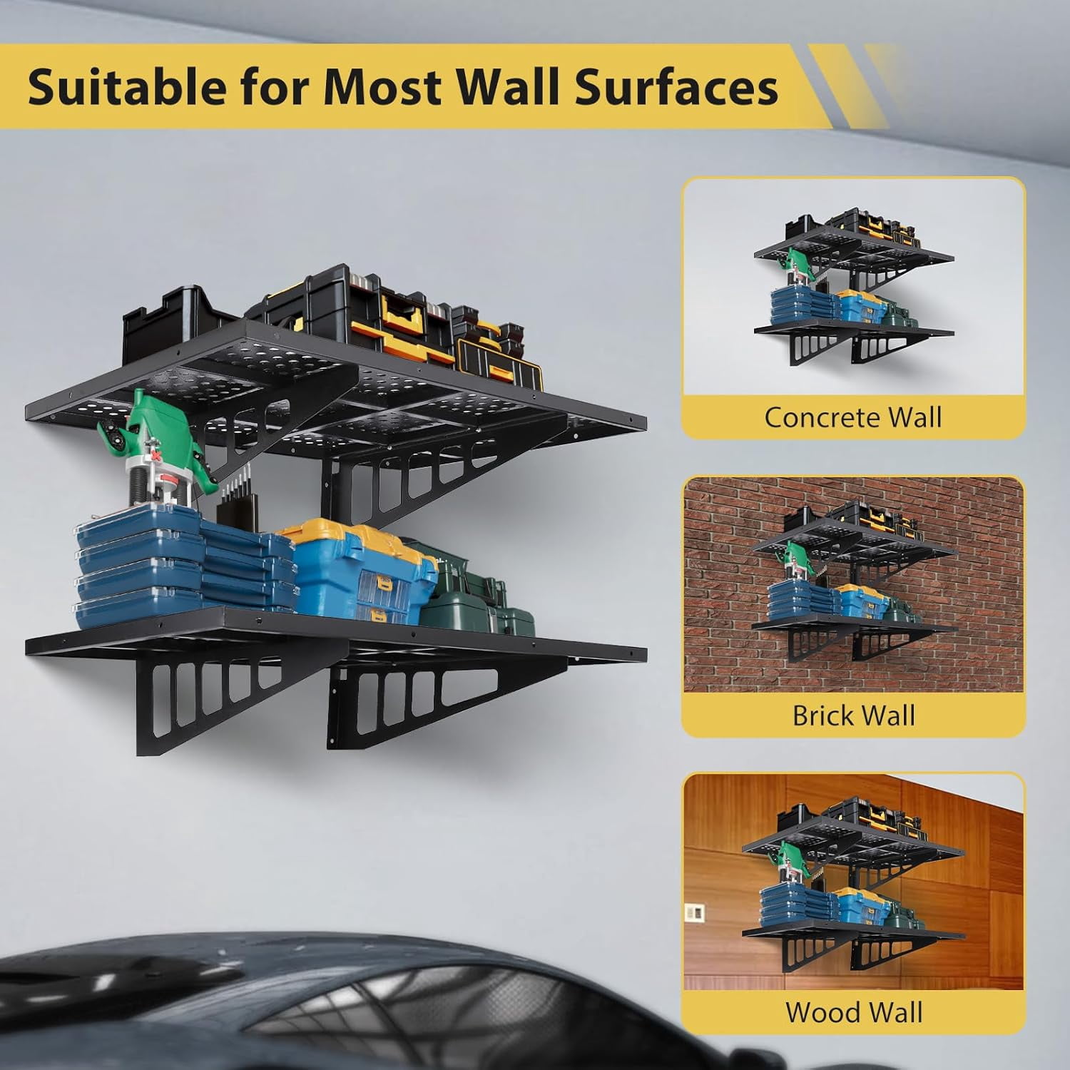 M optimized Set of 2 Garage Storage Rack 2x3ft Garage Wall Shelves Storage Floating Shelves 560lbs Capacity, 24"x36" Black