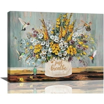 Farmhouse Daisy Floral Decor Wall Art Rustic Country Flower Just Breathe Pictures Wall Decor Canvas Painting Prints Artwork Home Decorations Framed for Bathroom Bedroom Kitchen 16"x12"