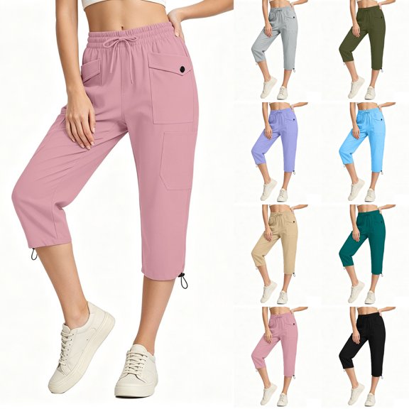 Nugftut Capri Pants for Women Elastic Waist Drawstring Capris Pockets Casual Cropped Cargo Pants