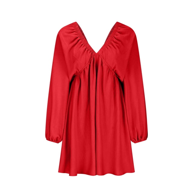 Gspmoly Robes pour Femmes, Robe à Col en V pour Femme Longueur Genou à Manches Longues, Robe Aguichant Rétro Ample, Robes de Vacances pour Femmes jusqu'à 65 % de Rabais