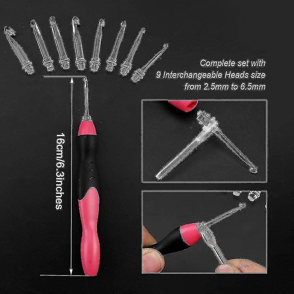 Lighted Crochet Hook Set - 9 Size Interchangeable Heads 2.5mm To 6.5mm With Ergonomic Grip Handles, Rechargeable Lighted Crochet Hooks Complete Set Fo